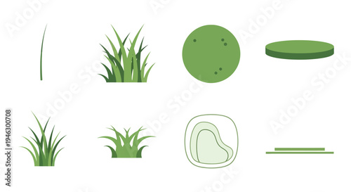 Minimalist Flat Vector Illustration Set of Green Grass Tufts Foliage and Landscape Design Elements Isolated on White Background for Web and Graphic Projects
