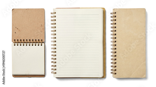 a trio of kraft paper notebooks presented side-by-side on a transparent background: a closed small notepad, an open ruled notebook, and a closed spiral-bound notebook, top-down perspective.