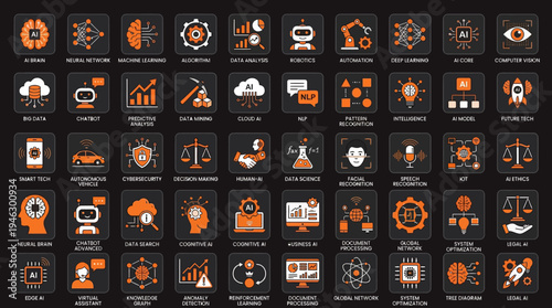 Comprehensive collection of artificial intelligence and machine learning icons.
