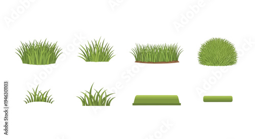 Set of various green grass tufts and clumps isolated on a white background featuring different shapes and sizes for garden, lawn, and landscaping design works.