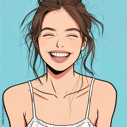 A young woman smiles brightly with a relaxed expression. Her hair is slightly messy, and she enjoys a carefree moment in a simple setting.