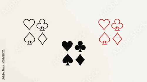 Four Playing Card Suits Vector | Hearts Clubs Spades Diamonds | Outline and Solid Styles Vector Icons | Casino Poker Game Symbols | Educational Design Vector Artwork
