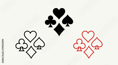 Four Playing Card Suits Vector | Hearts Clubs Spades Diamonds | Outline and Solid Styles Vector Icons | Casino Poker Game Symbols | Educational Design Vector Artwork