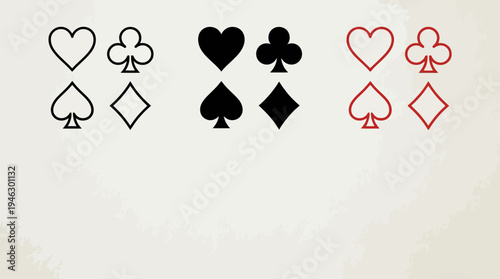 Four Playing Card Suits Vector | Hearts Clubs Spades Diamonds | Outline and Solid Styles Vector Icons | Casino Poker Game Symbols | Educational Design Vector Artwork