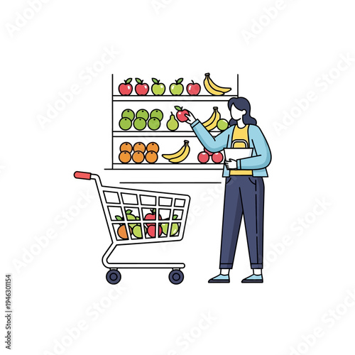 Woman choosing fresh apples from supermarket shelf with shopping cart
