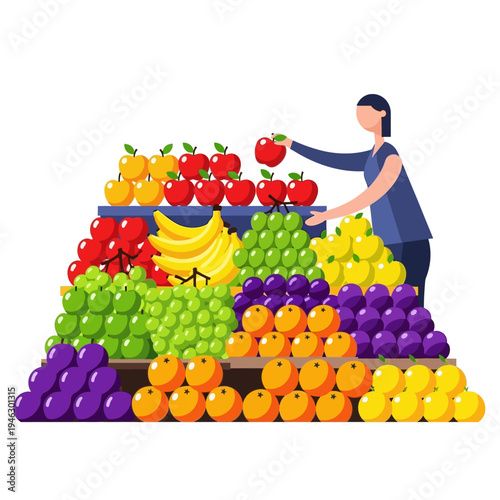Woman choosing fresh fruits at a market stall with apples, bananas, grapes, oranges, and lemons