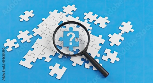 A magnifying glass focuses on a single puzzle piece with a question mark. The puzzle pieces are scattered across a blue background.