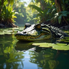 A large reptile in a body of water surrounded by lily pads and greenery