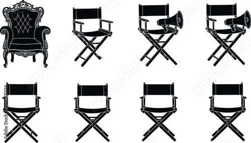 Director chairs and vintage throne silhouettes film production furniture set isolated on white background cinema filmmaking equipment collection