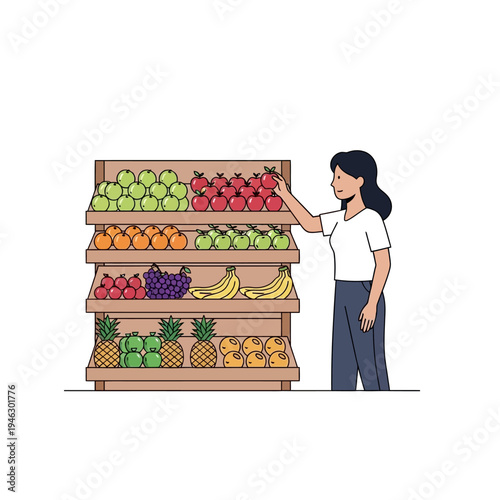 Woman choosing fresh red apples from a grocery store display shelf full of fruits.