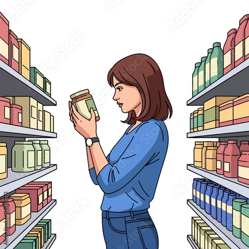 Woman choosing product in supermarket aisle, reading label on jar