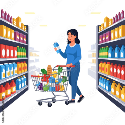 Woman grocery shopping, pushing full shopping cart down supermarket aisle