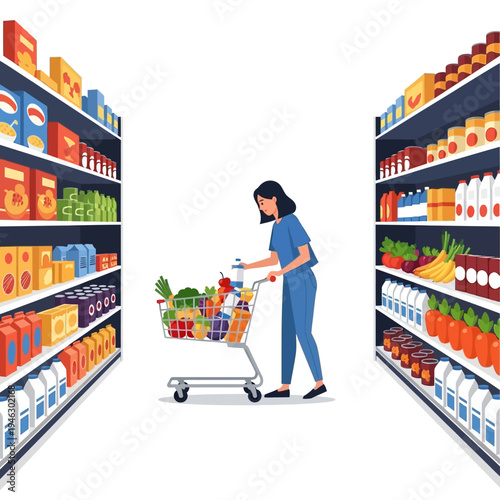 Woman Pushing Shopping Cart Full of Groceries Down Supermarket Aisle