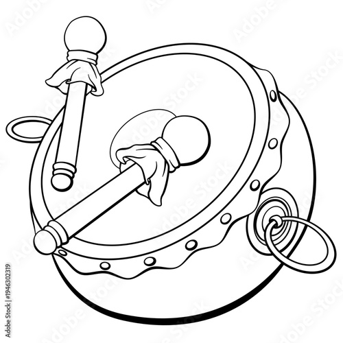 Traditional Hand Drum with Drumsticks Illustration – Classic Musical Percussion Instrument Vector Line Art