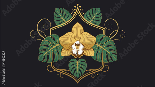 Elegant Floral Emblem, Gold Orchid, Tropical Leaves, Luxury Design Element for Branding & Decor