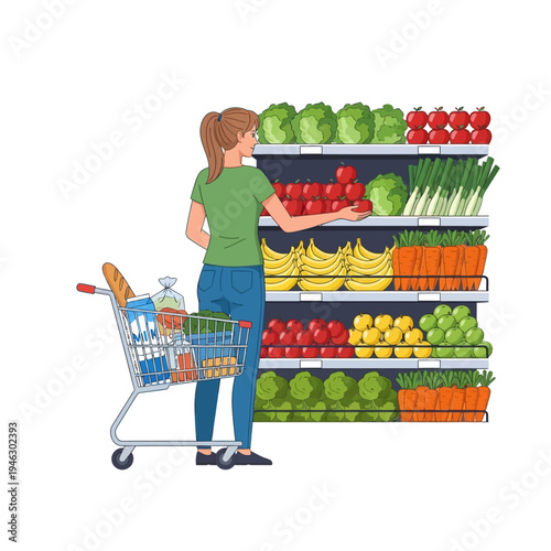 Woman shopping for fresh produce in a grocery store aisle with a full shopping cart.