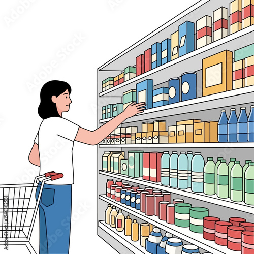 Woman shopping for groceries in supermarket aisle, choosing products from shelves with cart