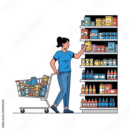 Woman shopping in supermarket, choosing products from shelves, with full shopping cart