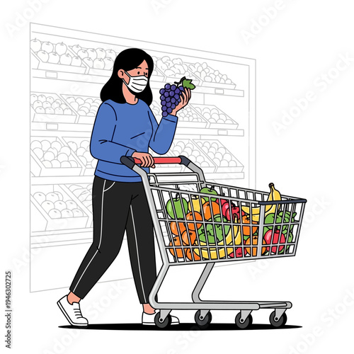 Woman wearing mask shops for fresh produce in supermarket with shopping cart