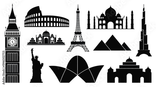 Collection of iconic landmarks and famous monuments in black silhouette on white background for travel and tourism concepts