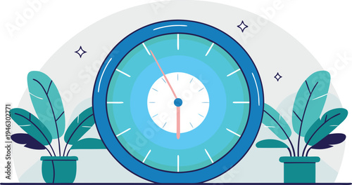 Vibrant vector illustration featuring a large blue clock face surrounded by elegant green potted plants, representing time organization.