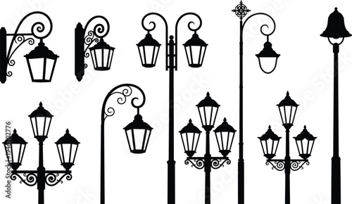Set of vintage street lamp silhouettes featuring ornate Victorian gas lights, decorative wrought iron lamp posts, and classic outdoor garden lantern icons for urban park designs.