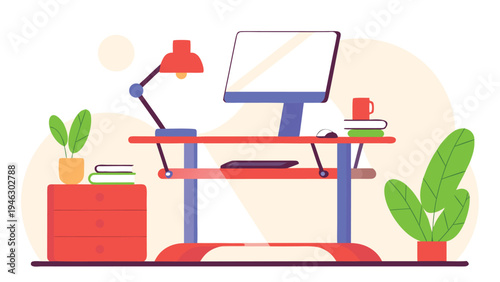 A vibrant and modern standing desk workspace featuring a computer monitor, lamp, books, and decorative plants for productivity.