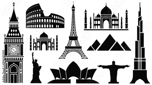 Collection of iconic landmarks and monuments from around the world in black silhouette on white background