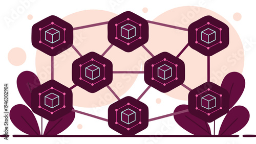 Abstract digital network illustration depicting connected data blocks forming a secure and decentralized technology system