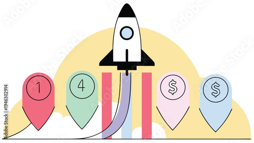 Simple illustration depicts a startup rocket launch ascending past numbered milestones and financial goals visually representing progress