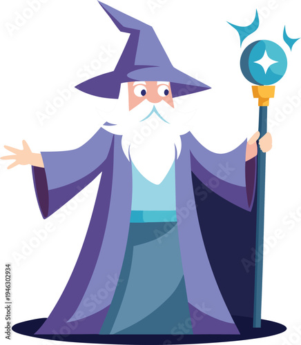 Cartoon wizard character with long white beard wearing purple robes and holding a magic glowing staff