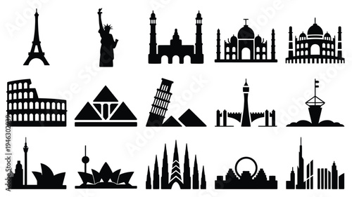 Premium travel landmarks silhouette icons set for design and decoration