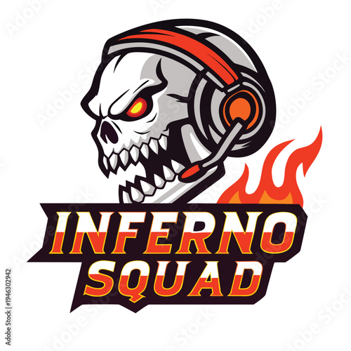 Fierce skeletal mascot wearing a headset with glowing eyes representing an intense esports gaming squad emblem
