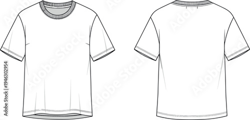 Blank white crew neck short sleeve T-shirt technical drawing template front and back view vector flat sketch for fashion design