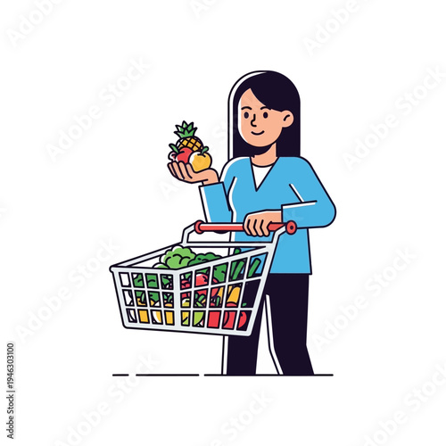 Woman with shopping cart full of fresh groceries, holding fruits, healthy food concept