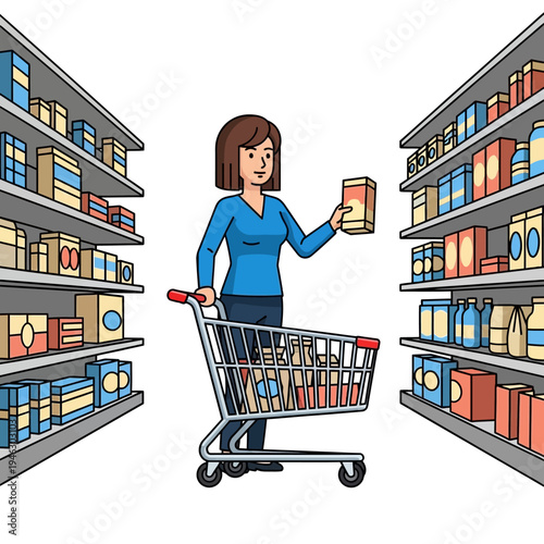 Woman with shopping cart choosing products in supermarket aisle