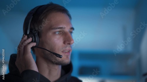 Software developer working at computer with headset in dark office coding environment