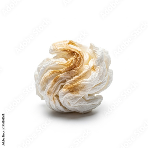 Crumpled stained napkin isolated against a stark white background, showcasing texture and color contrast in a minimalist composition