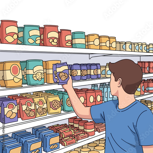 Man choosing cookies from a supermarket shelf, healthy food shopping concept
