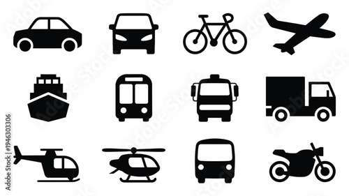 Collection of black silhouette icons for various transportation modes on white background