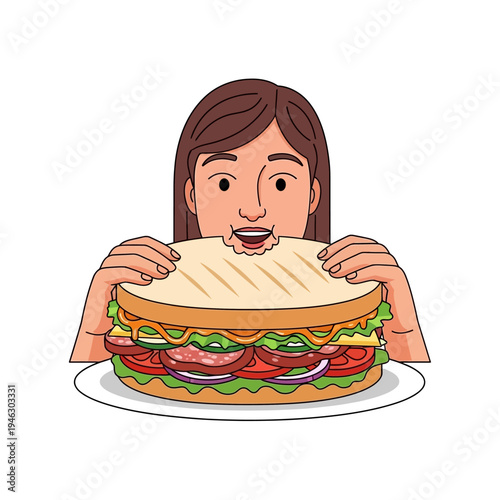 Woman eating giant sandwich, huge meal, fast food, unhealthy eating, delicious food, delicious sandwich