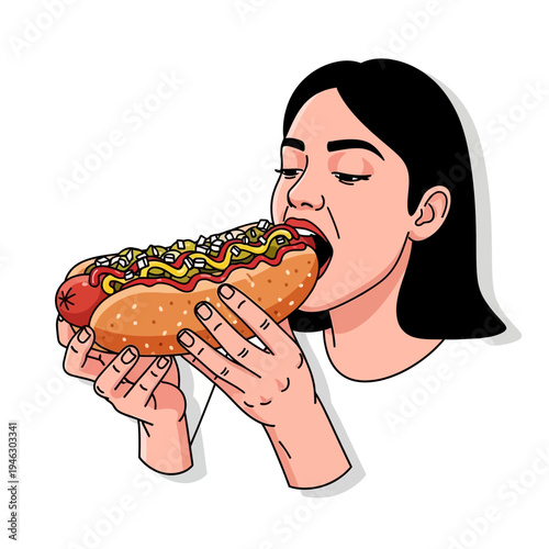 Woman eating a loaded hot dog with mustard, ketchup, and relish, close-up