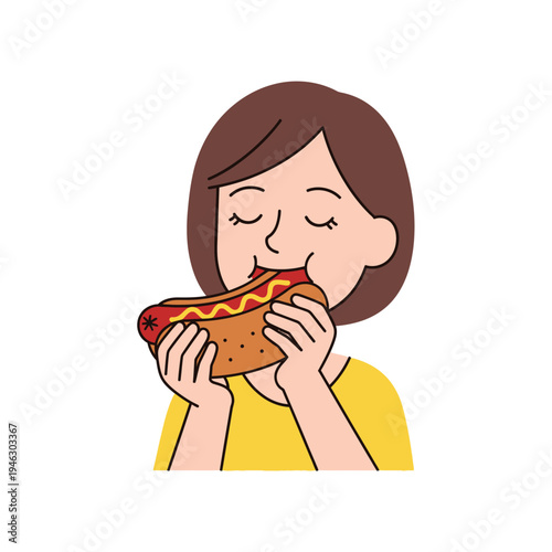 Woman happily eating a delicious hot dog with ketchup and mustard