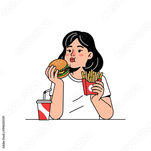 Young woman eating a burger and french fries with a soda, enjoying fast food.