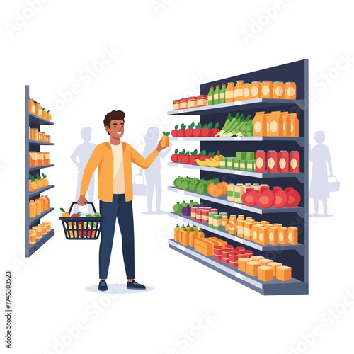 Man Shopping for Groceries in Supermarket Aisle with Fresh Produce and Packaged Goods