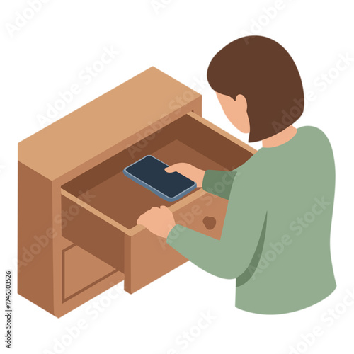 Woman opens drawer and retrieves a tablet from inside a furniture piece