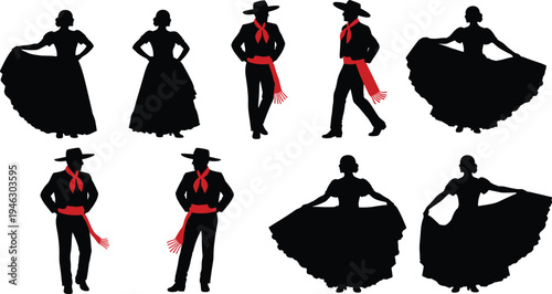 Mexican folk dancers silhouettes set with traditional dress and mariachi style costumes performing cultural dance isolated on white background