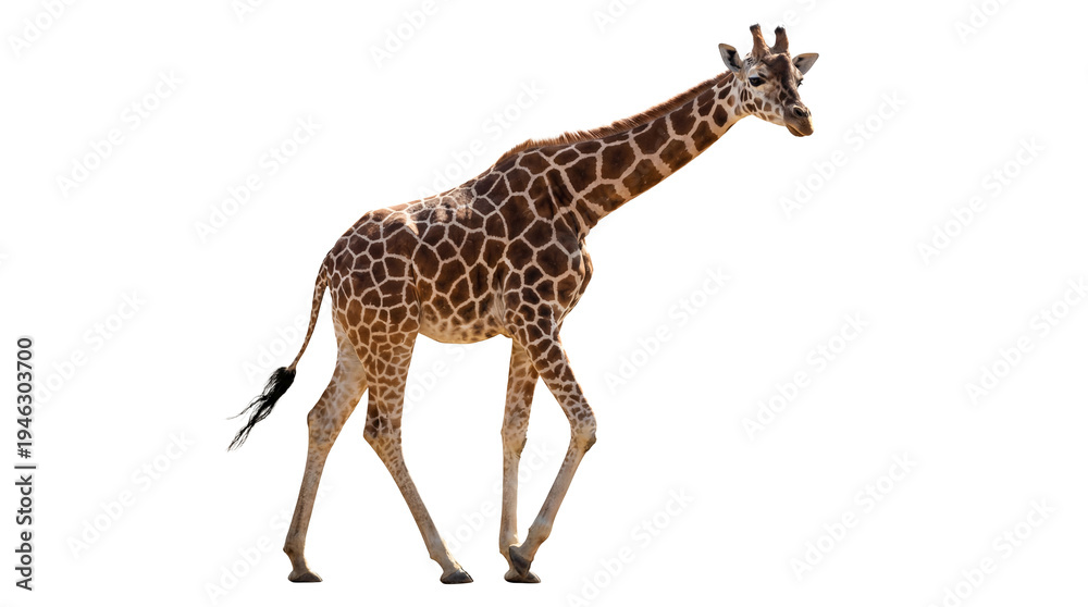 Naklejka premium png image of a giraffe in motion against a transparent background, captured mid-stride, highlighting its distinct patterned coat and elegant posture.