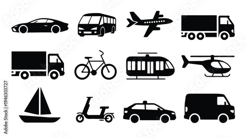 Vector illustration of various transportation modes including cars trucks airplanes and bicycles in black silhouette on white background
