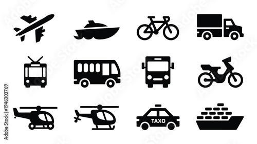 Collection of various transportation vehicle silhouettes including airplanes boats bicycles trucks buses taxis and helicopters on white background